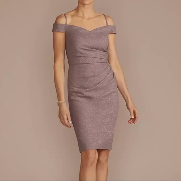 David’s Bridal Oleg Cassini Off The Shoulders Glitter Knit Sheath Dress Size 14 - Picture 1 of 12